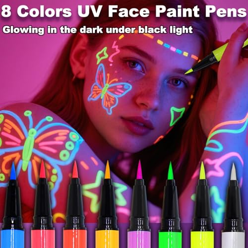 Glow in the Dark Face Paint Pens - 8 Neon Colors for Parties