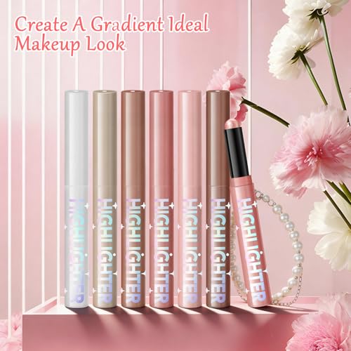 Shimmer Highlighter Stick Set, 6 Colors Waterproof Glow Pen