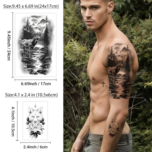 Large Temporary Tattoo for Adults and Kids, 36 Sheets Half Arm and Small Tattoos for Men and Women, Animal Flower Fake Tattoo with Lions and Tigers Designs
