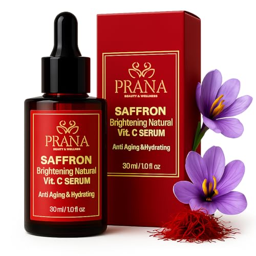 PRANA Saffron Brightening Vitamin C Face Serum ? Ayurvedic Skincare with Pure Blue Lotus, Vetiver & Sandalwood ? Hydrating Anti-Aging Serum for Even Skin Tone, Dark Spots & Radiant Glow (30ml)