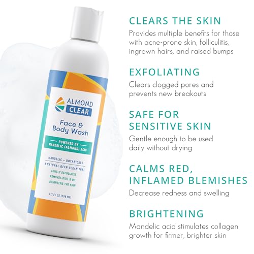Almond Clear Face & Body Wash | Skin Care for Acne and Folliculitis-Prone Skin - Gentle Acne Face & Body Wash, Exfoliating Cleanser with Mandelic Acid | 17.25 oz