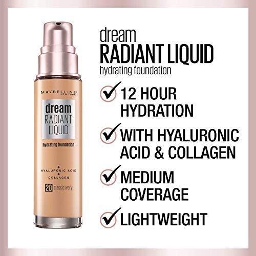 Maybelline Dream Radiant Liquid Medium Coverage Hydrating Makeup, Lightweight Liquid Foundation, Honey Beige, 1 Count