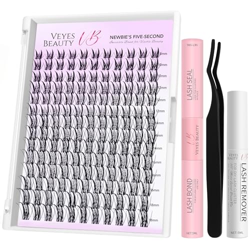 VEYESBEAUTY Lash Clusters Kit Eyelash Extensions Thin & Invisible Band DIY Individual False Eyelashes Newbie's Five-Second Series Lash Tray for Self-application, Sylph Lashes 8-18mm Mixed Length