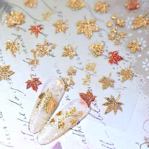 1 Sheet Fall Nail Stickers for Nail Art Autumn Maple Leaves Nail Decals 5D Embossed Thanksgiving Day Gold Maple Leaf Nail Art Supplies Red Leaf Nails Accessories for Women Acrylic Nails Decoration