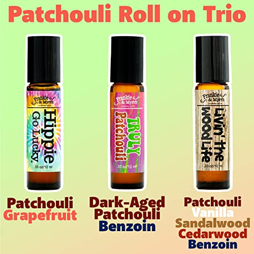 Frankie & Myrrh Patchouli Essential Oil Roll On Perfume Trio | Natural Coconut Oil Roll On Pack of 3 | Vanilla, Grapefruit, Dark Aged Patchouli
