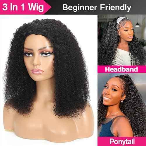 Kinky Curly Half Wig Human Hair 200% Density 3 In 1 Seamless Clip Ins Flip Over Half Wig Wear and Go Glueless Wigs Human Hair for Women Drawstring Headband Wig Beginner Friendly (Black, 18 Inch)
