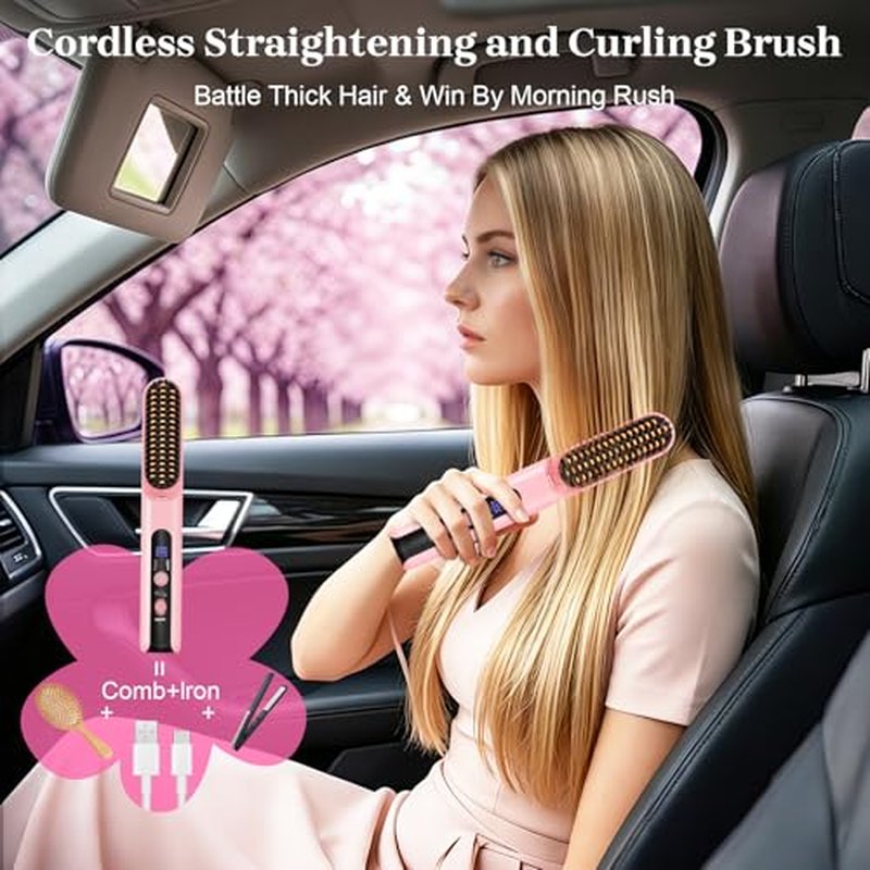 Portable 2-in-1 Cordless Hair Straightener Brush for Travel