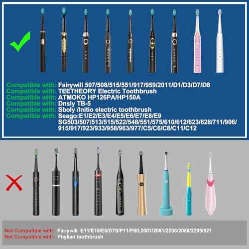 10pc Toothbrush Heads Compatible with Fairywill D7/D8/FW507/508, 551/917/959/D1/D3 (Black)