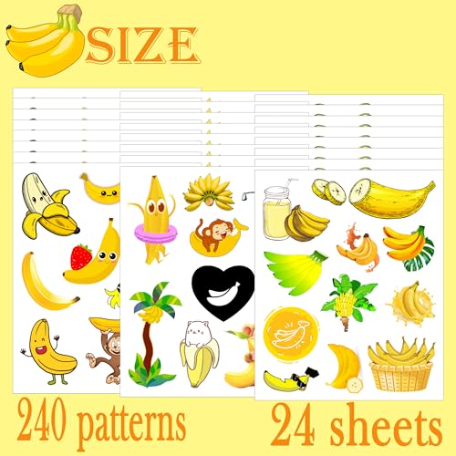 240PCS Banana Tattoos Temporary Stickers Cute banana Baby First Birthday Shower 2nd Birthday Banana fever powder Party Decorations Supplies Tattoos(24 Sheets)