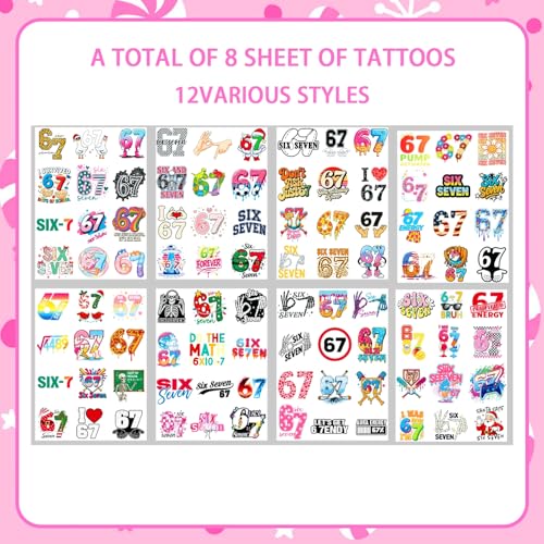 Six Seven Stickers Tattoos Funny 6 7 Temporary Tattoos Stickers 96PCS Number Funny Six Seven Donut Ice Cream Baseball Meme 6 7 Elf Santa Christmas Gifts for Kids Teens Adults