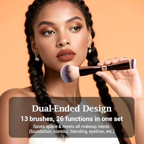 MAANGE Makeup Brush Set with Case Double-ended Makeup Brushes for Foundation Contour Liquid Powder Concealer Eye Shadows Cream Cosmetics Blending Blush Makeup Tools (Coffee Brown, 13 PCS)