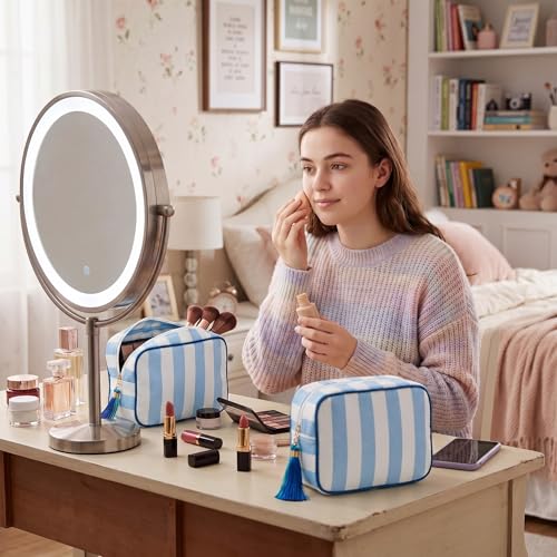 Kacctyen 6-Pack Blue Striped Makeup Bags with Tassel - Travel Toiletry Organizer