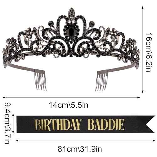 Birthday Baddie Sash and Crown for Women Girls - Black Glitter with Gold Foil Birthday Girl Sash and Crown Funny Birthday Party Favor Supplies