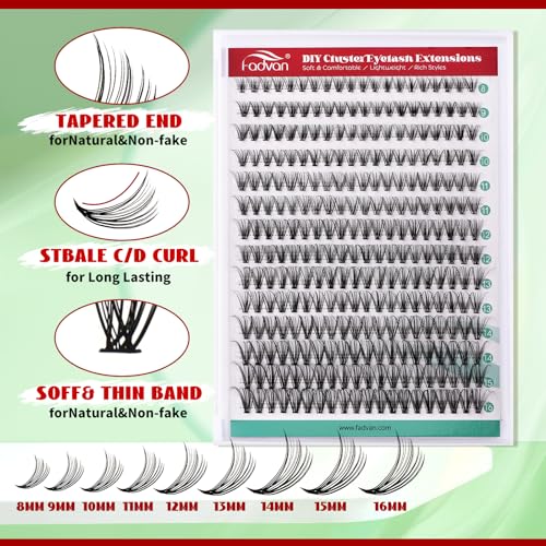 FADVAN 280pc Lash Clusters 8-16mm Mix, 0.07mm 20D Volume Extensions