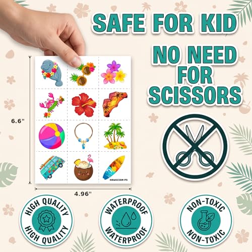 96 PCS Hawaiian Luau Temporary Tattoos for Kids