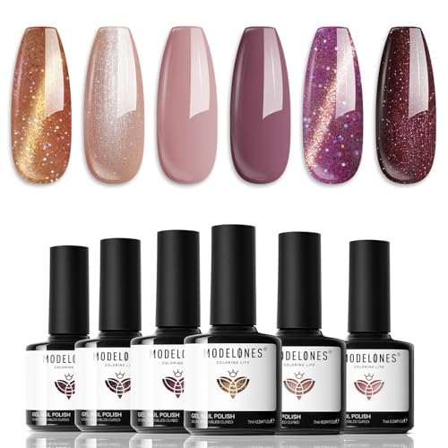 Modelones Fall Gel Nail Polish Set with 6 Colors Including Nude Brown - Cat Eye & Glitter Effects