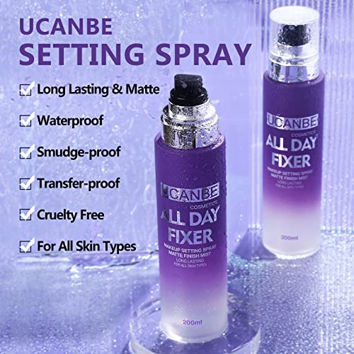 UCANBEMAKEUP Long Lasting Makeup Setting Spray Kit- 6.76 Fl oz Hydrating Matte Finish Mist Lightweight Face Make up Fixer +Travel Size Spray Bottle+Sponge Puff Makeup Set