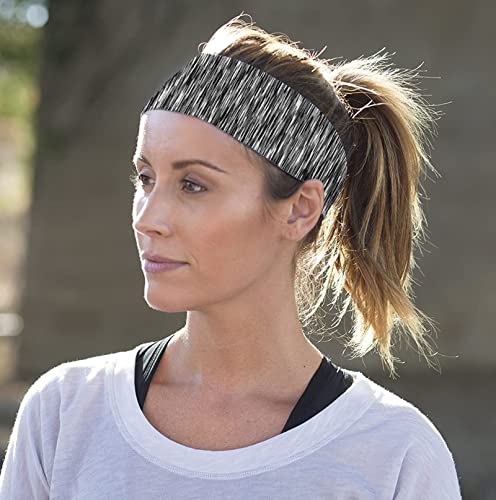 Bondi Band Headbands for Women, 4 Inch Tapered Running Headbands That Stay In Place, Absorbent, Moisture Wicking, Colorful Static Print, Black /Gray