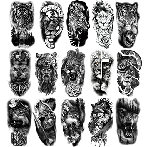 Animal Temporary Tattoos, 15-Sheet Black Tiger Lion Wolf Totem Adult Tattoos Temporary, Fake Tattoos Men
