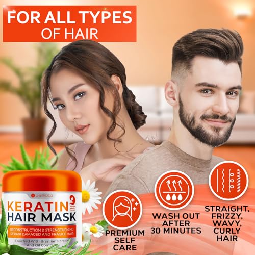 Keratin Hair Mask - Sulfate Free Hydrating Deep Conditioner Treatment for Dry, Damaged and Split Ends - Moisture for Frizzy and Curly Hair - For Women and Men - Moisturizer Care to Repair Damage