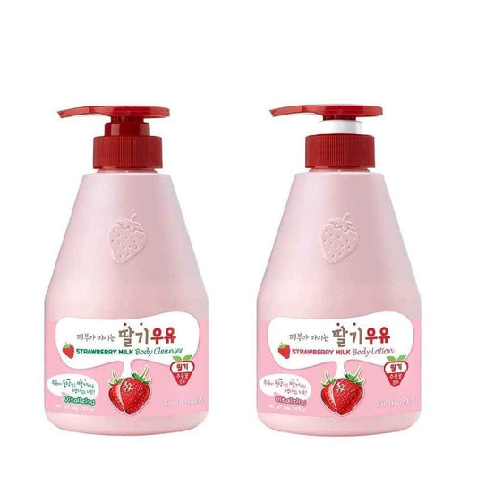 Kwailnara WELCOS Strawberry Milk Body Lotion & Body Wash Set – Moisturizing & Revitalizing Korean Skincare Set with Strawberry Extract, 560g / 19.75oz Each