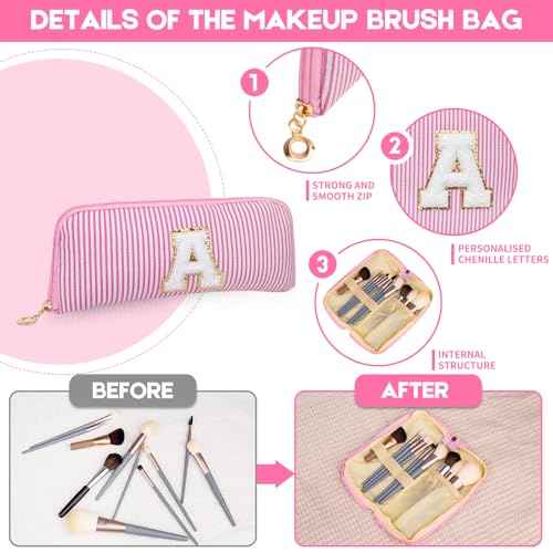 Initials Makeup Bag Set, Personalized Pink Cosmetic Bag, Cute Large Make up Bags, Travel Toiletry Bag for Women Girl Gifts M (Pink)