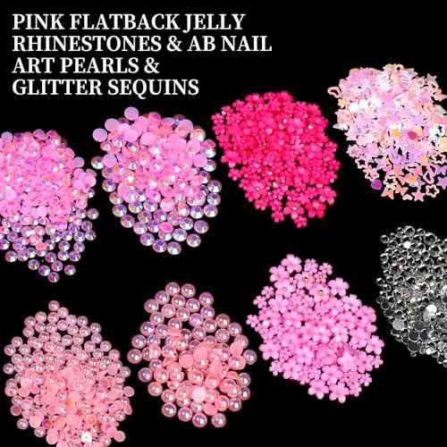 FAMDAMEI 24 Grid Flat Back Pearls and Rhinestones for Bedazzling Kit, Clear White Pink Pearls Flatback Resin Jelly Rhinestones,Flower 3D Nail Charms and Gems for Crafting Rhinestones for Crafts