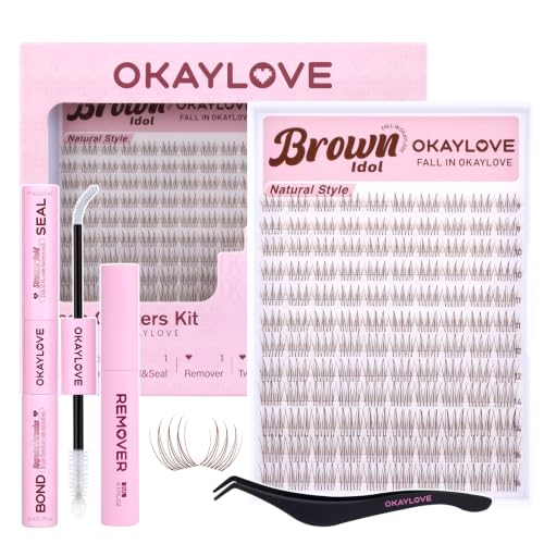 OKAYLOVE Brown Eyelash Clusters Kit with Clear Band, 9-16mm Natural Wispy Extensions for DIY Lash Enhancement