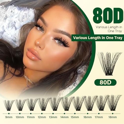 KEYYOU DIY Lash Extension Kit 300pcs 80D D Curl Soft Lash Clusters Easy to Apply with Lash Bond and Seal Applicator and Remover Eyelash Extension Kit at Home(RMkit-80D-D-9-18mix)