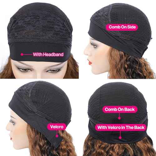 Ombre Highlight Curly Headband Wig Human Hair #4/27 Colored Headband Wig for Black Women Glueless Water Wave Human Hair Brazilian Virgin Hair Wear and Go Wigs 18 Inch