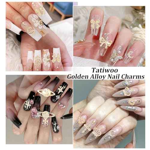 120 Pcs 12Styles 3D Gold Alloy Nail Charms Kit, Dollar Crown Butterfly Metal Nail Charms, Shiny Bows Planet Cross Heart Nail Charms Moon Star Charms for Nail DIY Decor