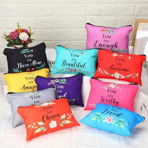 Hillban 10 Pcs Christmas Makeup Bags Gifts for Women Bulk Xmas Cosmetic Bags Inspirational Christian Bible Verse Cosmetic Pouch Christmas Religious Church Travel Canvas Pouch(Fresh,Colorful)