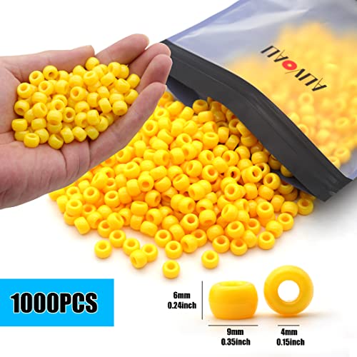 Auvoua 1000Pcs Pony Beads Bracelet 9mm Yellow Plastic Barrel Pony Beads for Necklace,Hair Beads for Braids for Girls,Key Chain,Jewelry Making (Yellow)