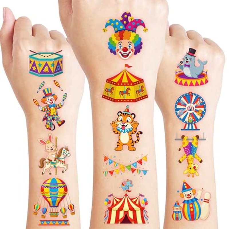 96 PCS Cute Carnival Pre-Cut Temporary Tattoos for Kids - Circus Designs for Clown Theme Parties, Birthday Supplies & Favors for Parties, Classroom Rewards Decoration, Gifts for Kids (Carnival 1)