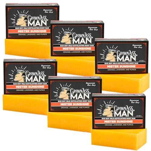 Grown Ass Man Co. Exfoliating Body Bars - Solid Soap with Natural Oils & Gentle Scrub - Plastic Free & Eco-Friendly, Natural & Organic for All Skin, 4oz Bar - Mister Sunshine - Mild Exfoliant, 6-Pack