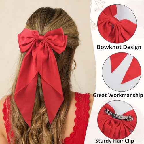 Red Hair Bow for Women Girls, Big Satin Bow Clip with Long Tail Red Hair Accessories
