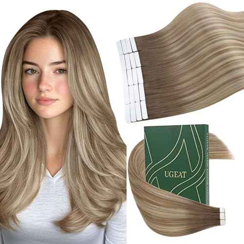 Ugeat Light Brown Tape in Hair Extensions Human Hair Blonde Ombre Tape in Human Hair Extensions Seamless Dark Ash Blonde Color No Damage to Natural Hair for Wedding 16Inch 20Pcs 50G
