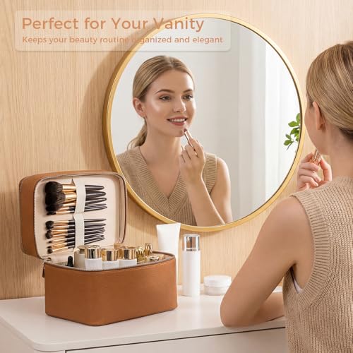 Double Layer Makeup Vanity Case, Large Capacity Cosmetic Bag with Removable Divider & Brush Organizer, Travel Toiletry Bag for Women, Portable PU Leather Organizer with Handle