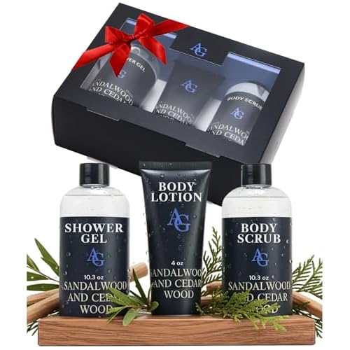 Shower Kit Men, Bath and Body Gift Set For Him - Shower Gel, Body Scrub & Body Cream, Sandalwood & Cedar Scent, 3 pcs 720ml - Skin Care Kit Fathers Day Birthday Idea for Him