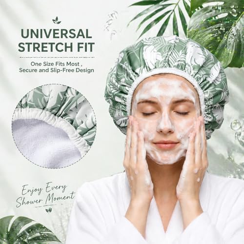 Jiuguva Large Green Waterproof Shower Cap for Women - Terry Lined, Vacation Style