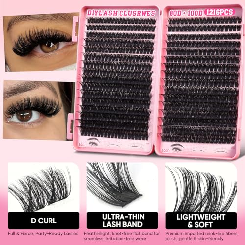 Lash Clusters Kit 1216pcs D Curl 80D 100D 10-18mm
