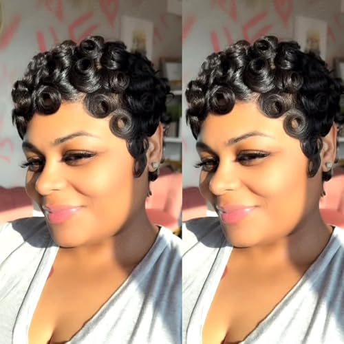 Yviann Short Pixie Cut Wig with Bangs - Black Layered Human Hair