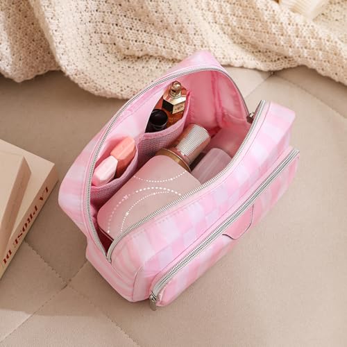 Cute Pink & White Stripe Makeup Bag with Compartments,Nylon Travel Essentials Coquette Cosmetic Bag Organizer Toiletry Bag for Women Girls (02Compartments)