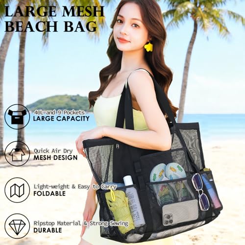 Fammart Large Mesh Beach Bag with Zipper Pocket for Family Travel