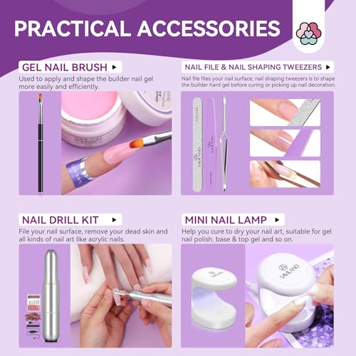 SAVILAND 15-Piece Builder Gel Nail Kit with Drill & Lamp - Clear Pink Nudes, Strong & Long-Lasting Gel Extensions, DIY Nail Art