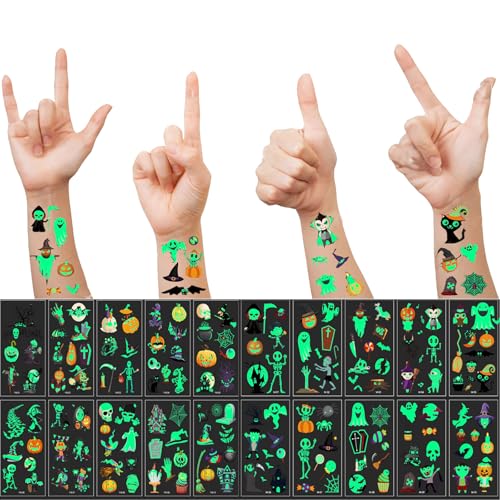 Halloween Temporary Tattoos for Kids 20 Pack Glow in the Dark Party Tattoos Birthday Party Decorations Assorted Goodies Tattoos Goody Bag Supplies