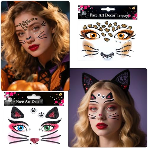 Halloween Face Tattoo Stickers - Leopard, Cat, Elk, Zebra (4 Pack)