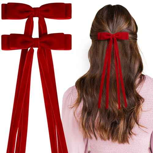 VOBOBE 2PCS Velvet Hair Bows for Women Girls, Tassel Ribbon Bowknot Hair Clips Barrettes for Girl with Small Long Tail Solid Hair Accessories (Red-Velvet)