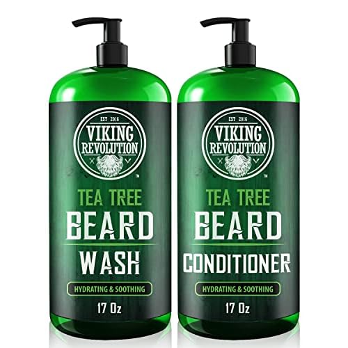 Viking Revolution Tea Tree Oil Beard Wash and Beard Conditioner For Men - Natural Beard Softener Set with Argan Oil, Vitamin E and Ginseng - Beard Shampoo and Conditioner Set (17 Oz)
