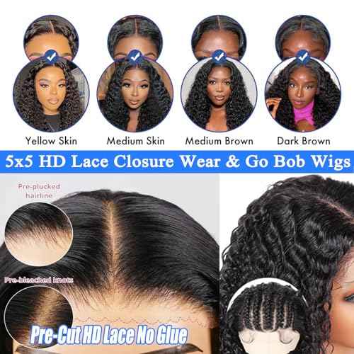 Bob Wig Human Hair Wear and Go 5x5 HD Lace Closure Curly Wigs for Black Women Chocolate Brown Lace Front Deep Wave Glueless Wigs Human Hair Pre Plucked Pre Cut 10Inch